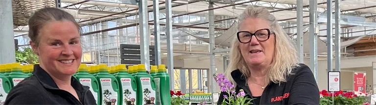 Två anställda på Plantagen står i Plantagens växthus och håller i varsin blomväxt