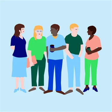 fem personer samtalar på en regional dag