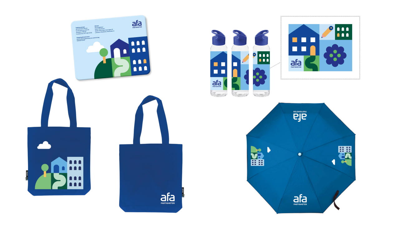 Olika profilprodukter från Afa Fastigheter. Musmatta, vattenflaska, tygpåse och paraply.