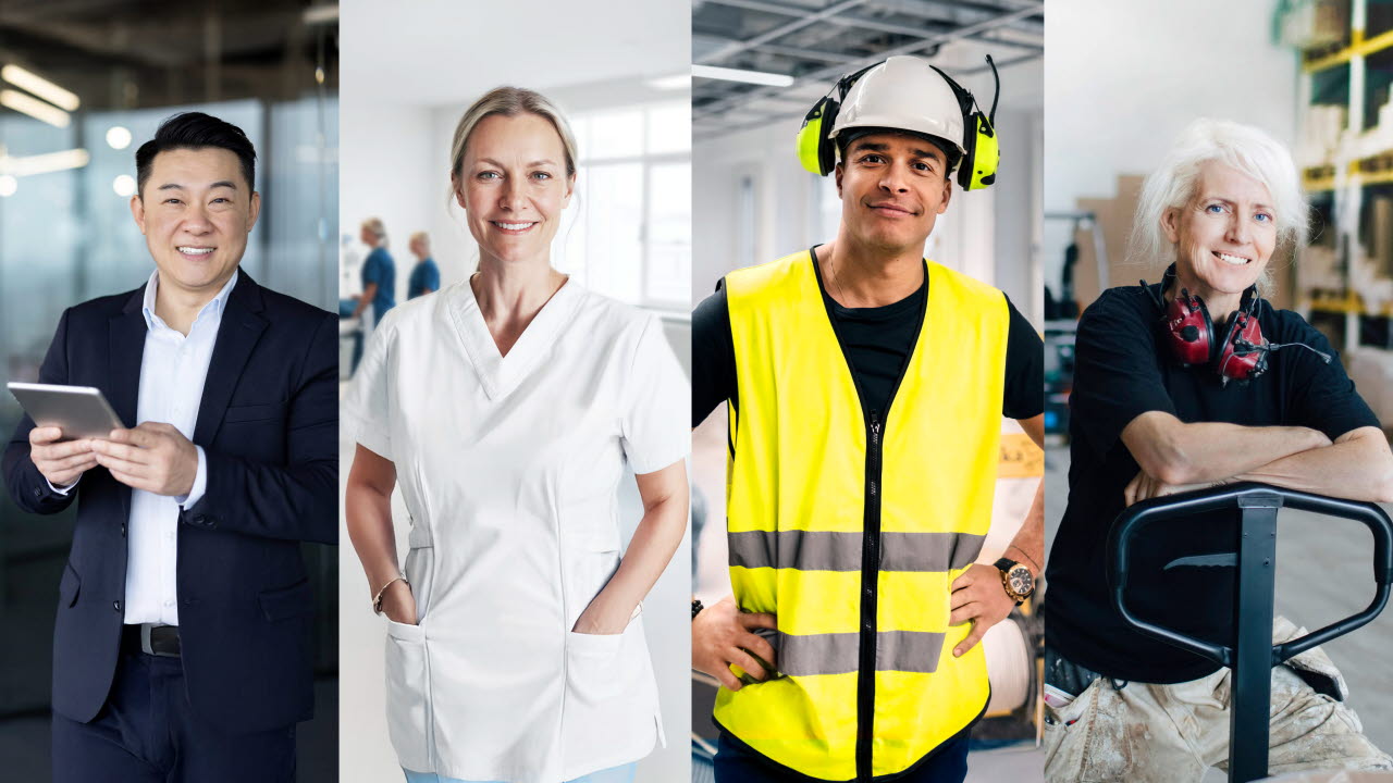 En manlig kontorsarbetare, en kvinnlig sjuksköterska, en manlig byggarbetare och en kvinnlig lagerarbetare illustrerar hållbart arbetsliv.