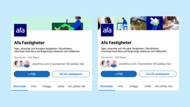 LinkedIn-profiler i mobilvy med Afa Fastigheters logotyp och illustration eller kollage till bakgrundsbild.
