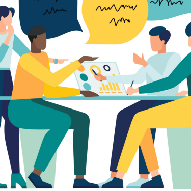 Människor runt ett skrivbord. Illustration.
