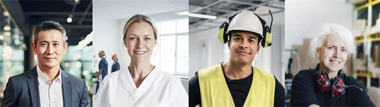 Bildcollage 1: manlig tjänsteman, kvinnlig sjuksköterska, manlig byggjobbare och kvinnlig lagerarbetare.