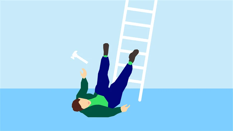 Man med hammare ramlar från stege.