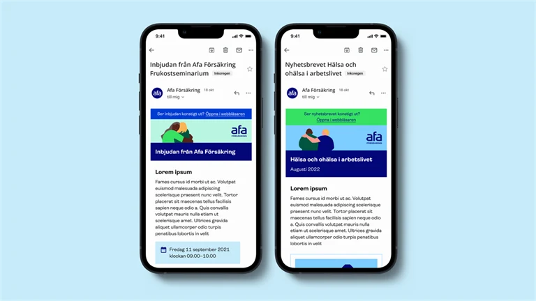 Två telefoner med mejl från Afa Försäkring