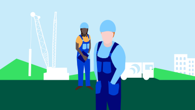 (png) Två byggarbetare framför en lyftkran